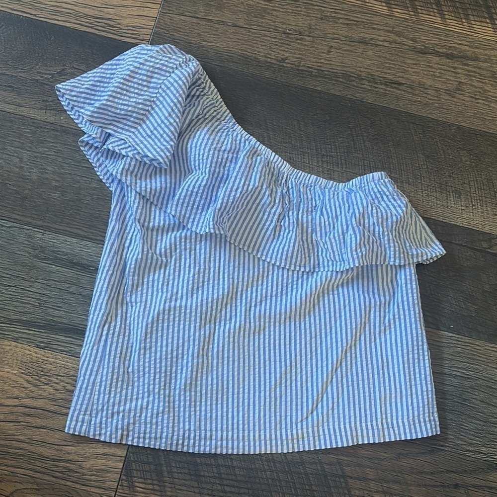 Vineyard Vines Asymmetric Ruffle Top Blue & White Striped One-Shoulder Top Sz 2
